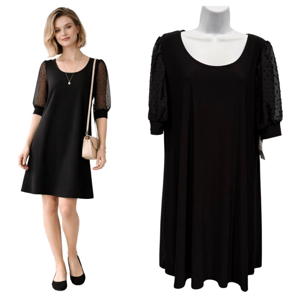 MSK Black Jersey Knit Swing Dress Swiss Dot Puff Sleeves Minimalist Chic PXL NEW